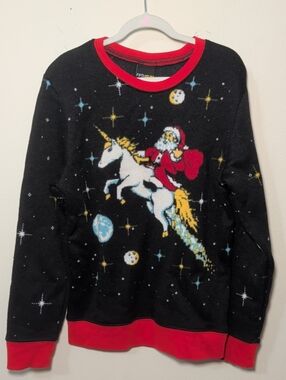 Fifth Sun Ugly Christmas Sweater Black Red Santa Riding a Unicorn Kids Size L